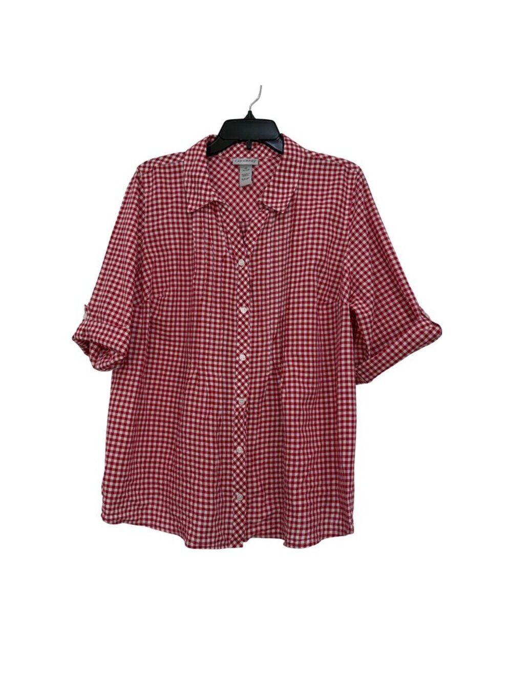 Catherines Red & White Gingham Button-Up Shirt OX 14/16W 100% Cotton Roll-Tab Sl